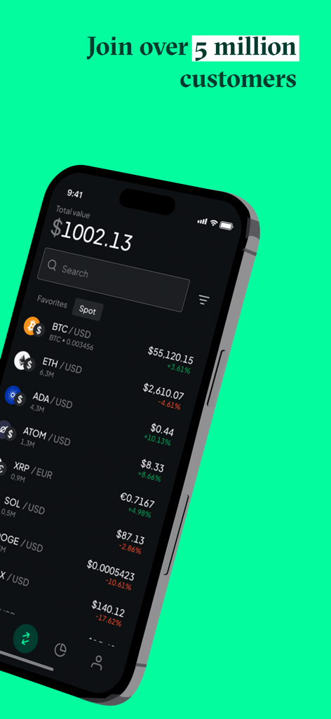 Teléfono móvil mostrando la aplicación Bitstamp por Robinhood con una lista de criptomonedas y el saldo total de la cuenta.