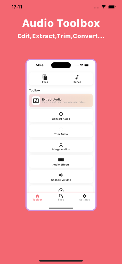 Hauptoberfläche der Audio Editor App, die die Audio-Toolbox mit verschiedenen Bearbeitungswerkzeugen wie Extrahieren, Konvertieren und Schneiden anzeigt.