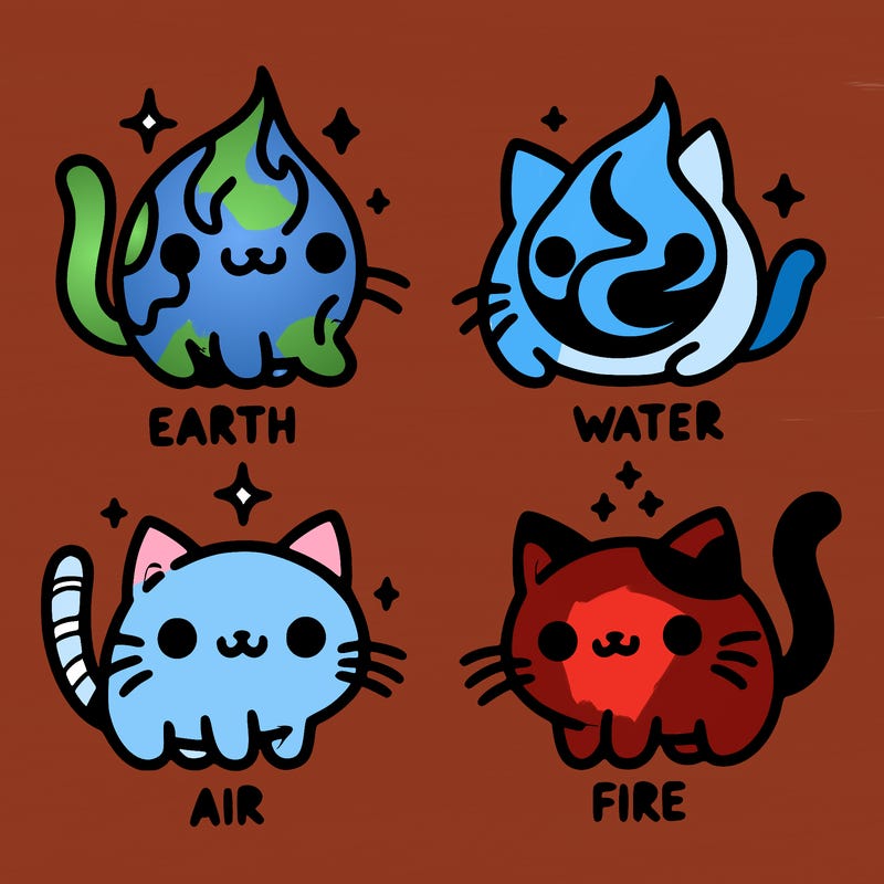 4 cats that represent the different elements, earth, water, air, and fire