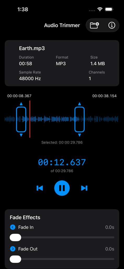 Audio Trimmer Plus - Audio Trimmer Plus app interface showing an MP3 file being edited with a visual waveform and fade effects.