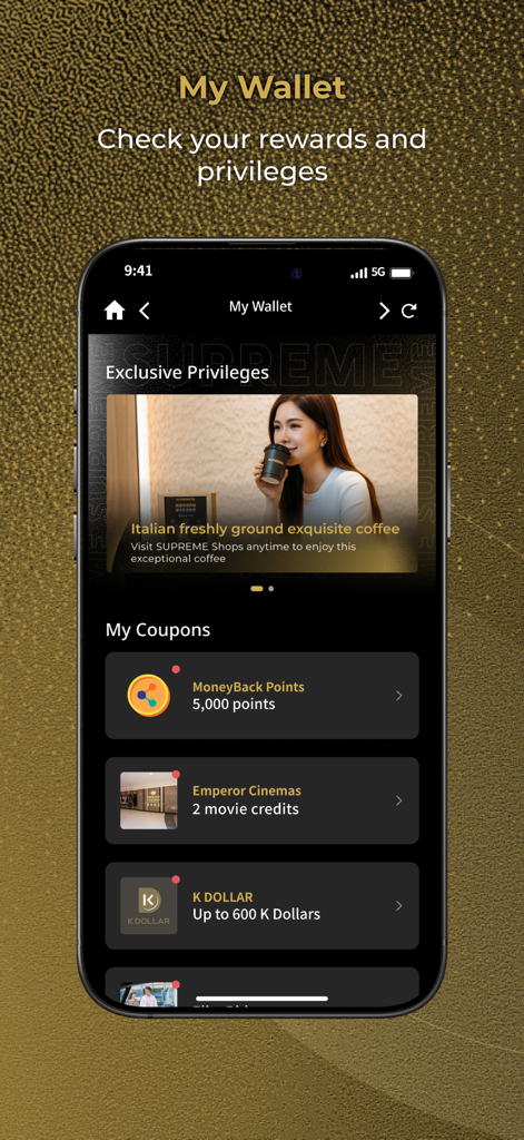 The My Wallet interface of the SUPREME from HTHK app showing exclusive privileges and coupons