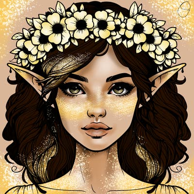 realistic female elf with flower crown