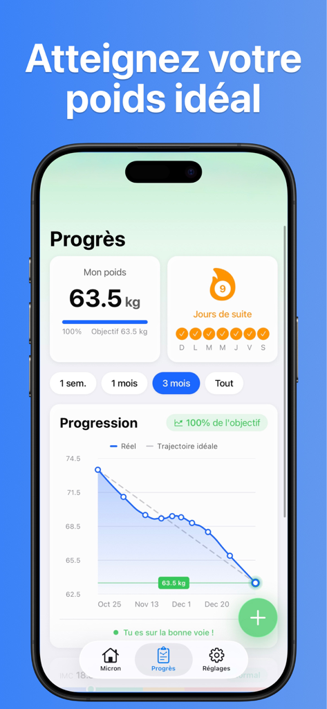 Micron – Calories & Nutrients - Micron app progress screen showing a weight goal chart and daily logging streak
