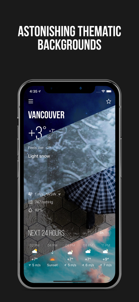 Smartphone screen showing the MeMeteo app with thematic backgrounds and a 24-hour weather forecast for Vancouver
