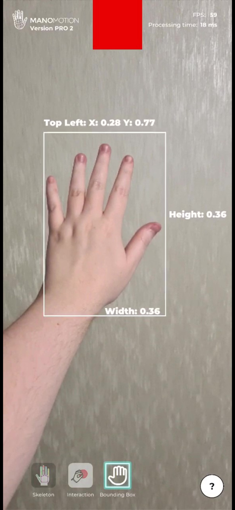 ManoMotion Tech Pro - ManoMotion Tech Pro interface showing real time hand tracking with a bounding box and spatial coordinates