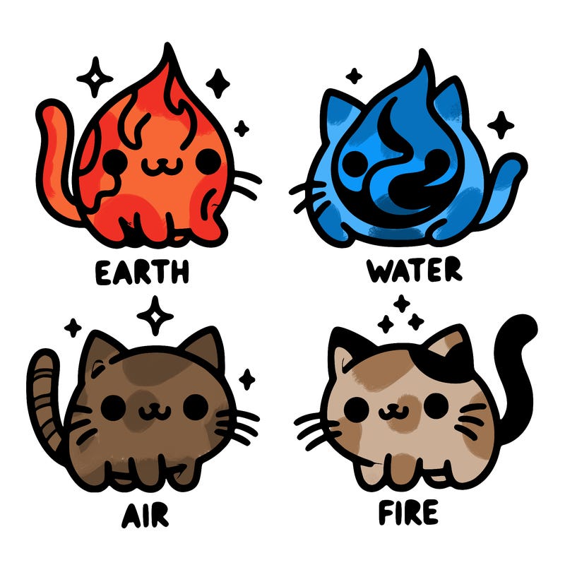 4 cats that represent the different elements, earth, water, air, and fire