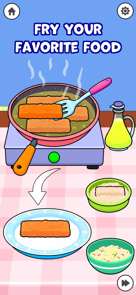Toddler Cooking Games for Kids - A toddler cooking game screen showing fish fingers being fried in a pan on a stove with a spatula.