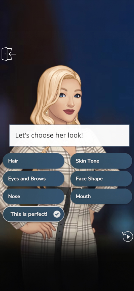 Secrets by Episode NETFLIX - Schermata di personalizzazione del personaggio nell'app mobile Secrets by Episode NETFLIX che mostra opzioni per capelli, tono della pelle e tratti del viso.