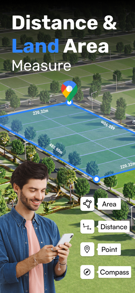 GPS Field Area Measurement - 地図上に土地面積と距離測定が表示されたGPSアプリのインターフェース