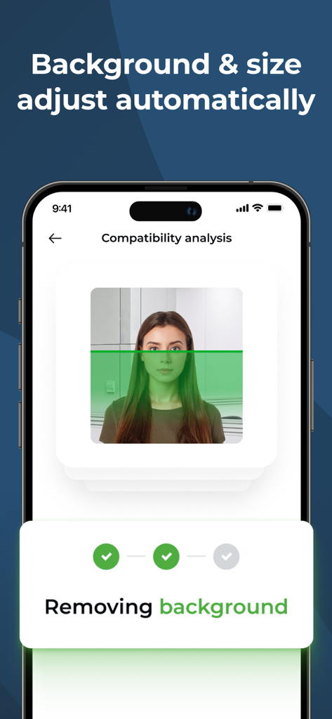 Passport Photo - PhotoAiD - Smartphone screen showing the PhotoAiD app automatically removing the background of a passport photo.