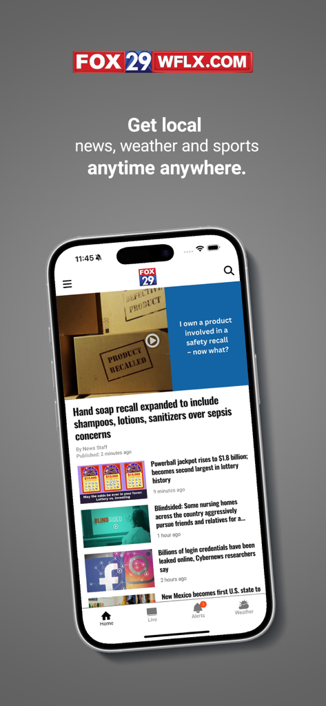 WFLX FOX 29 local news app interface on an iPhone displaying local news headlines for West Palm Beach
