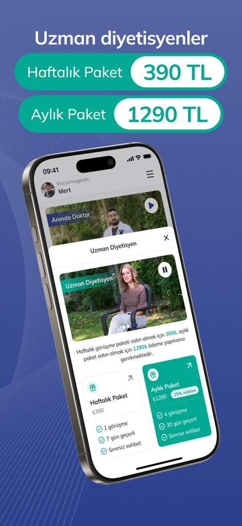 Elra: Sağlık Olsun - Interfaz de la aplicación Elra que muestra planes de suscripción de dietista especialista para paquetes semanales y mensuales.