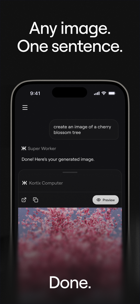 Kortix - Kortix KI Mobile App-Oberfläche, die die Generierung eines Bildes aus einer einfachen Textaufforderung zeigt.