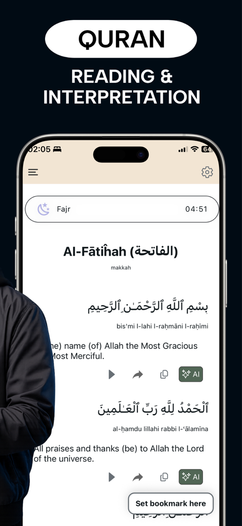 Ilm AI Quran app interface showing the Quran reader with Arabic verses English translation and AI tools