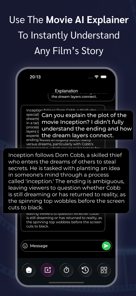 RAVE : Movies and TV shows - Interfaz del Explicador de IA de Películas de la aplicación RAVE que muestra un desglose detallado de la trama de la película Inception