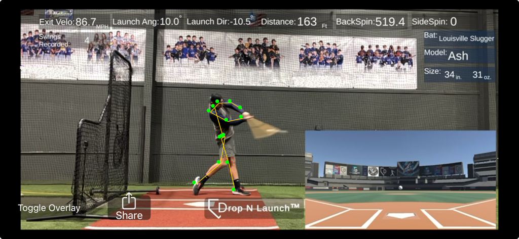 Drop N Launch - A baseball player practicing a swing in a batting cage with real-time performance metrics and a 3D stadium visualization.