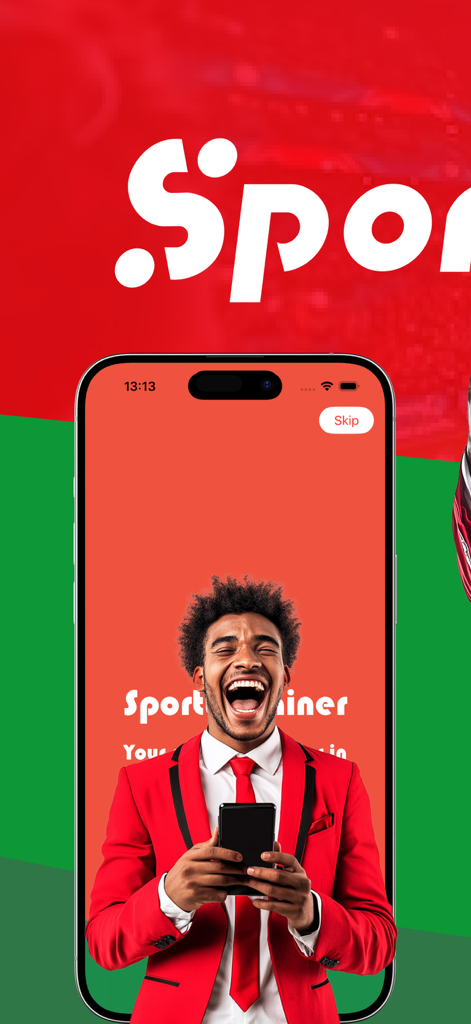 Sporty Trainer - Welcome screen of the Sporty Trainer app showing a man in a red suit laughing while holding a smartphone