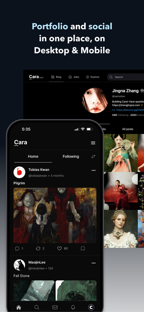 Cara: Art & Social - Cara app interface displaying artist portfolios on desktop and mobile