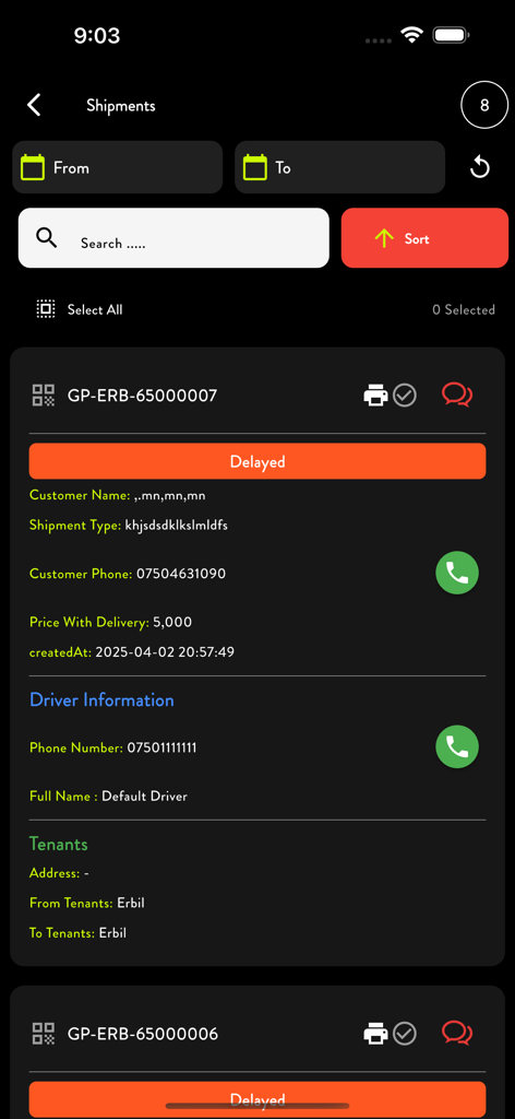 Screenshot der Guaranty Post App, der eine Sendungsliste mit Lieferstatus und Fahrerinformationen anzeigt