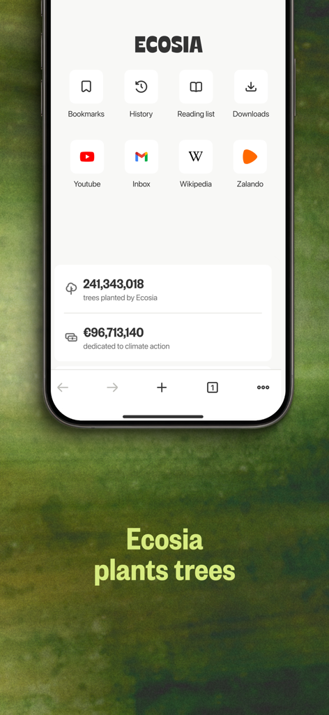 Ecosia Mobile App-Oberfläche, die gepflanzte Bäume und Klimaschutzfonds anzeigt