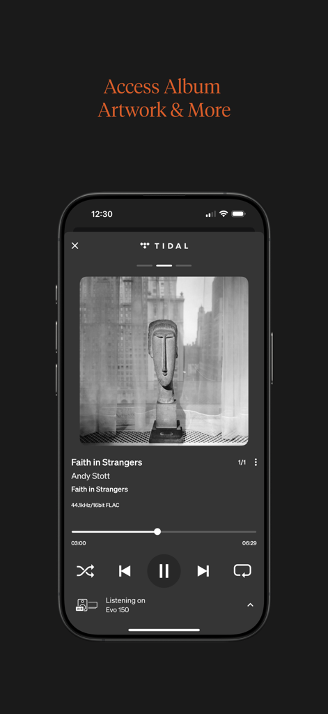 StreamMagic by Cambridge Audio - Application StreamMagic affichant la lecture de musique haute résolution depuis TIDAL avec la jaquette de l'album.