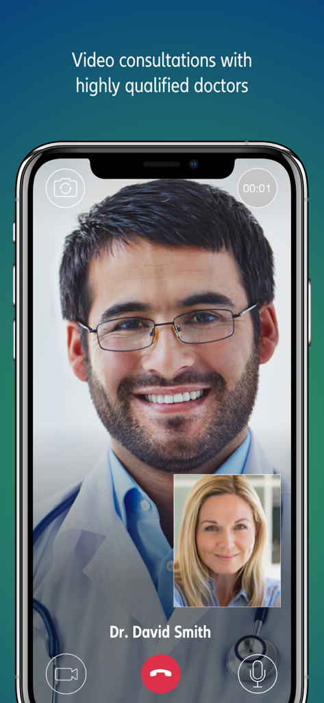 LiveDoc by Health at Hand - Smartphone screen showing a live video medical consultation with a doctor on the LiveDoc app.