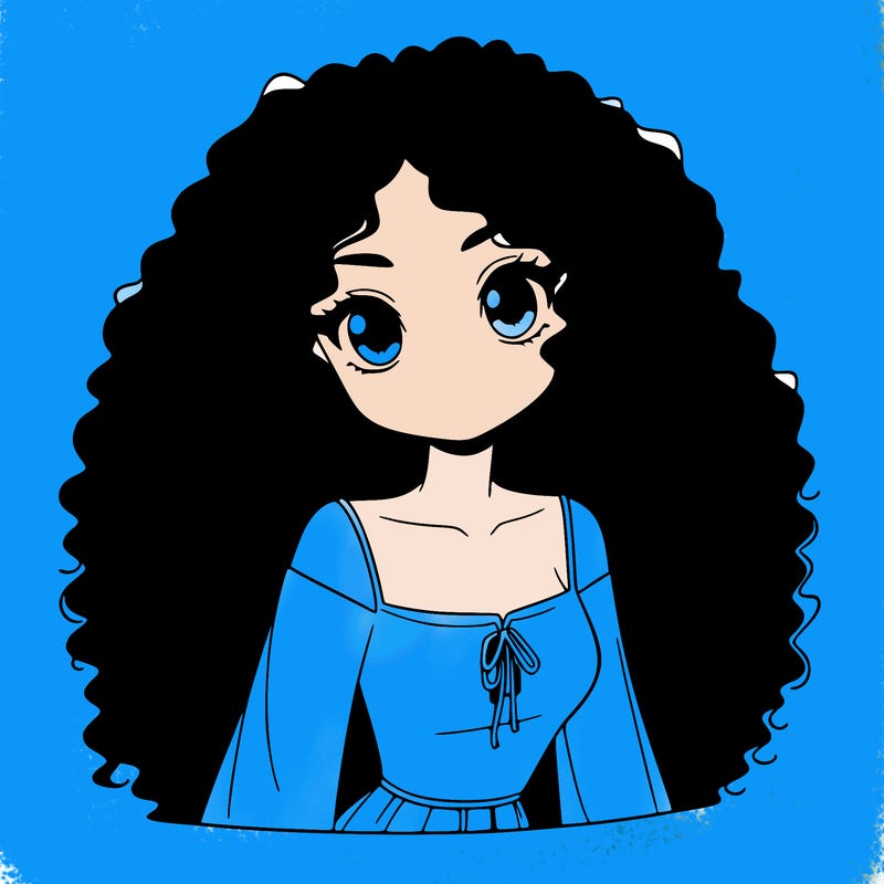 a black anime girl with long afro hair