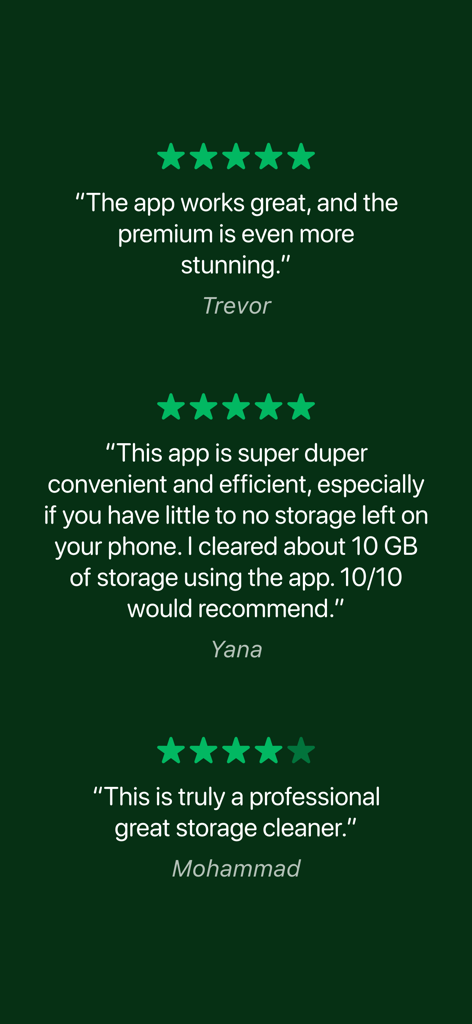 Positive Nutzerbewertungen und Fünf-Sterne-Bewertungen für die Pro Cleaner Speicherbereinigungs-App