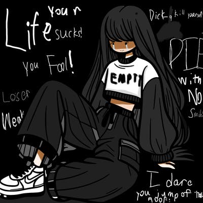 a girl with baggy pants and a crop top with long hair