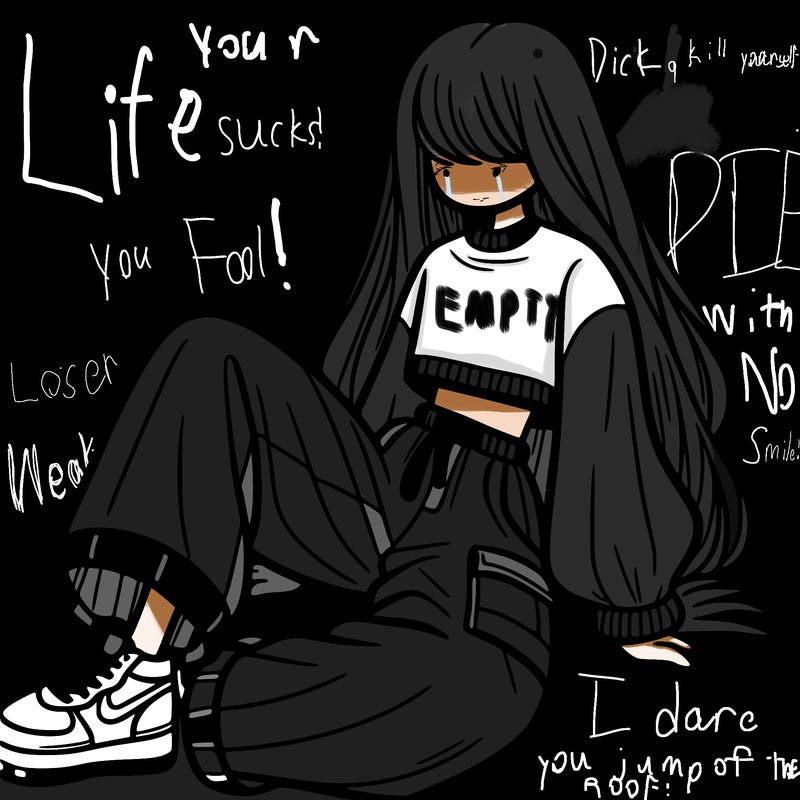 a girl with baggy pants and a crop top with long hair