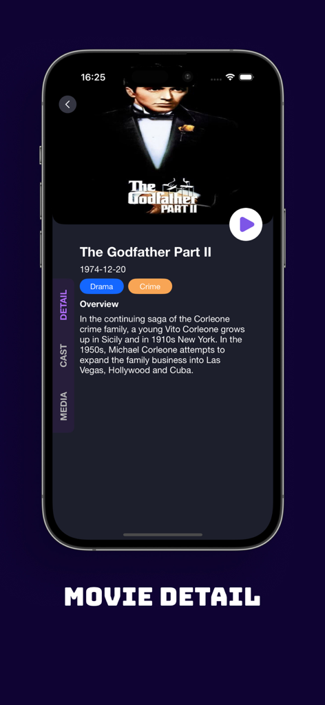 MegaFlix 앱에서 The Godfather Part II 영화 세부 정보 페이지의 스크린샷으로 줄거리 개요와 장르 태그가 표시됩니다.