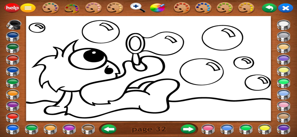 A coloring page from the Little Monsters app showing a friendly monster blowing bubbles with a paint palette interface.