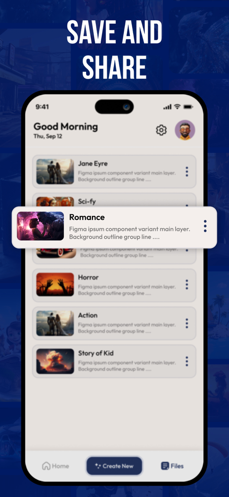 AI Story and Novel Generator - Interface of the AI story generator app showing a list of saved stories in different genres like romance horror and sci-fi