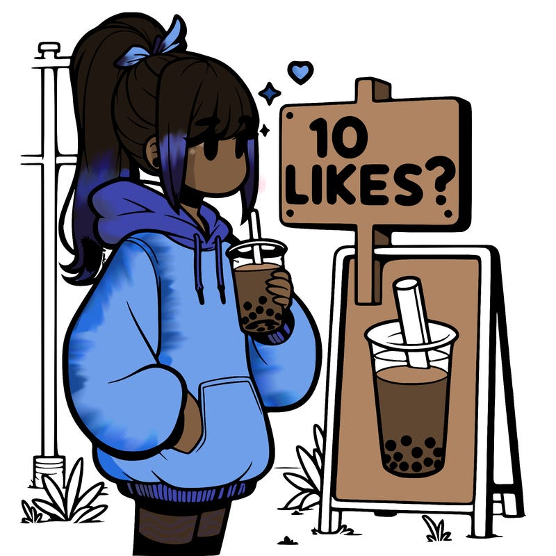girl with oversized hoodie drinking boba and she has a high ponytail with a sign that says 10likes?