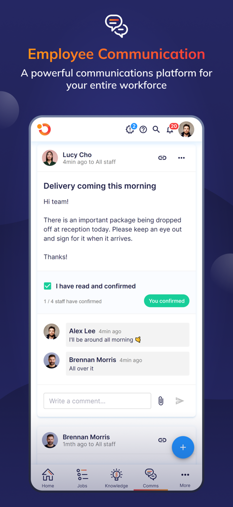 Operandio - Interface of the Operandio app showing a team message with read confirmation and employee comments