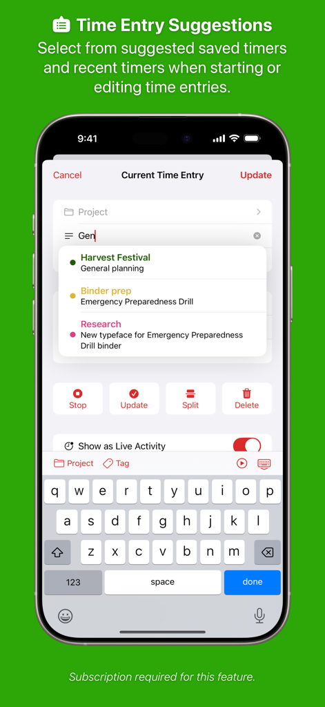 iPhone screenshot of Timery app showing suggested timers and the current time entry screen.