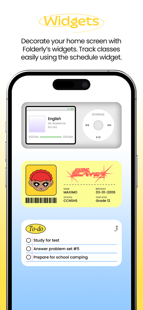 Folderly home screen displaying customizable widgets for class schedules student ID cards and academic to-do lists