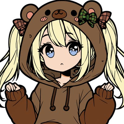 cute anime girl with ponytails and a cute bear hoodie