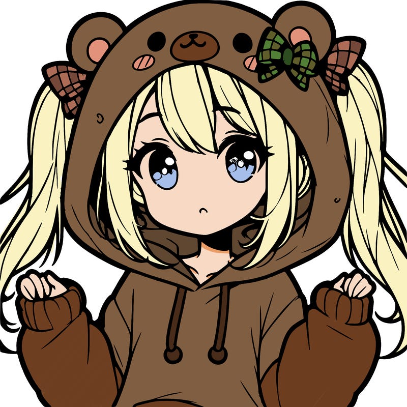 cute anime girl with ponytails and a cute bear hoodie