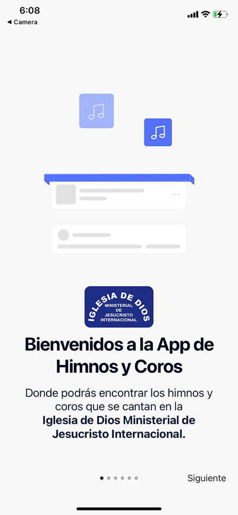 Welcome screen of the Himnario IDMJI app featuring the church logo and musical note icons.