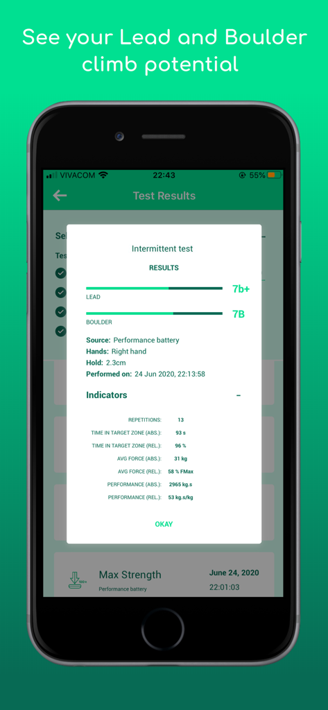 Climbro - Climbro app interface showing intermittent test results and lead and boulder climbing potential grades