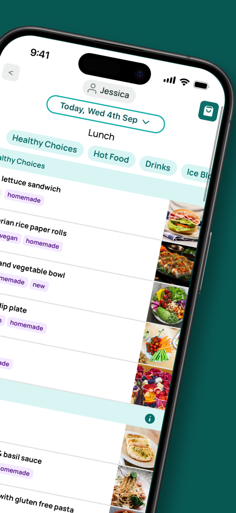 Flexischools - A mobile screen showing the Flexischools app lunch menu with healthy meal options like sandwiches and rice paper rolls