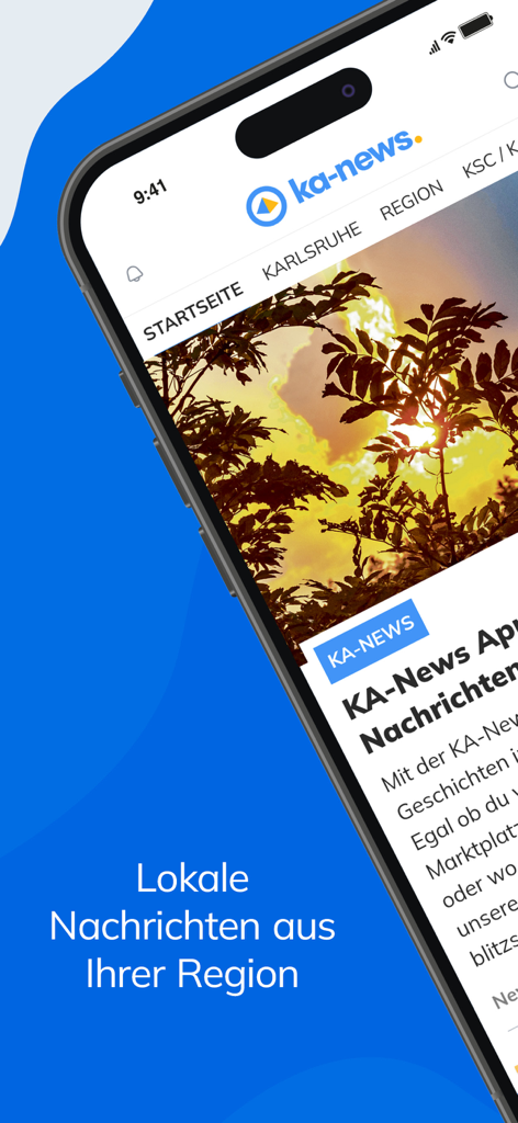 KA-News - Smartphone screen showing the KA-News app with local headlines and news categories for Karlsruhe
