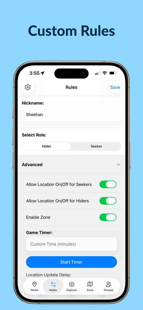 Manhunt: Hide & Seek - Interfaz de la aplicación Manhunt Hide and Seek que muestra la configuración de reglas personalizadas, incluida la selección de roles para escondedor o buscador y las opciones del temporizador del juego.