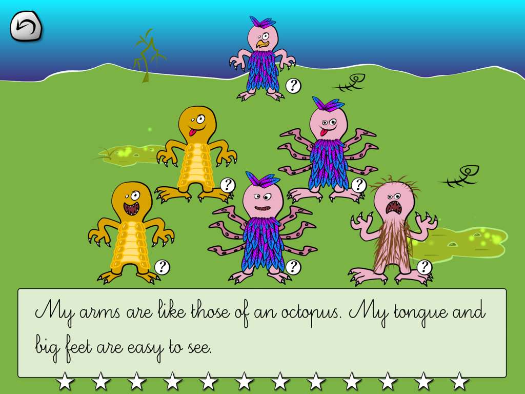 A reading comprehension game screen with colorful monster characters and a riddle at the bottom.