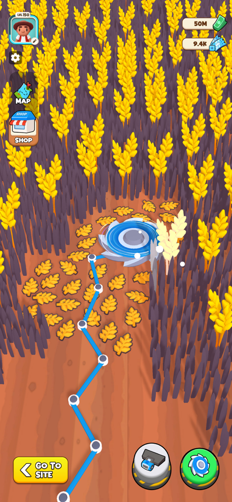 Farm Crusher - Idle Game - A spinning blade cutting through a yellow wheat field in Farm Crusher idle game