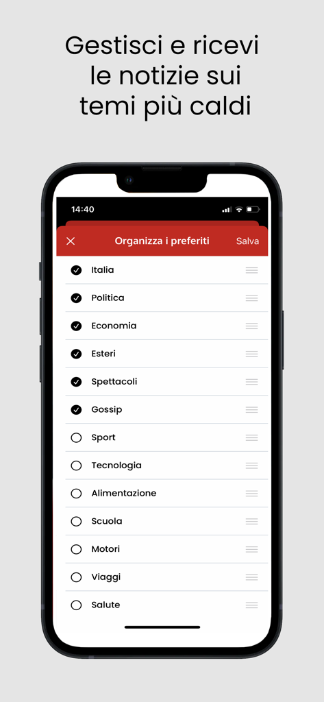 Écran de l'application Leggo montrant le menu d'organisation des favoris avec diverses catégories d'actualités pour un flux personnalisé.