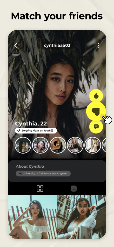 fridaysocialapp - Mobile interface of Fridaysocialapp showing a user profile for matchmaking with friends