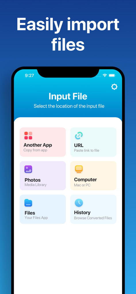 The Document Converter - Interfaz de la aplicación El Convertidor de Documentos que muestra diferentes fuentes de archivo de entrada como otra aplicación, URL, fotos y computadora