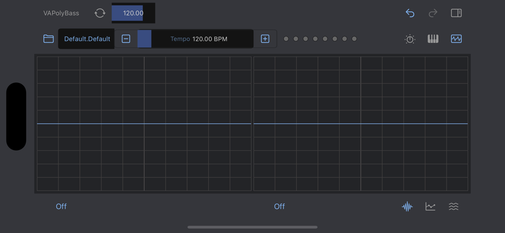 VAPolyBass - Interface of VAPolyBass synthesizer app featuring a step sequencer grid and tempo controls